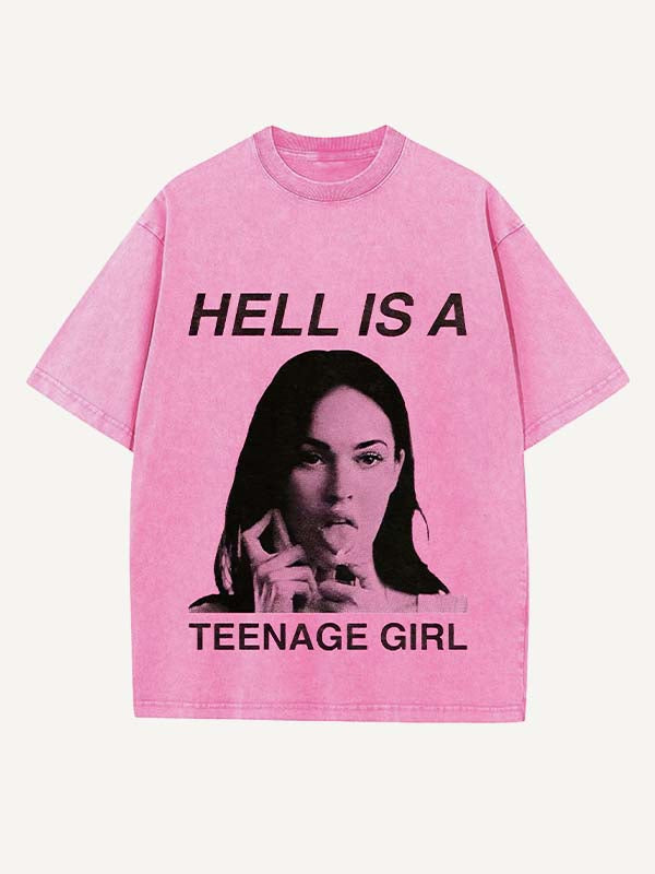 Distressed Washed Figure&Letter Print Round Neck T-shirt