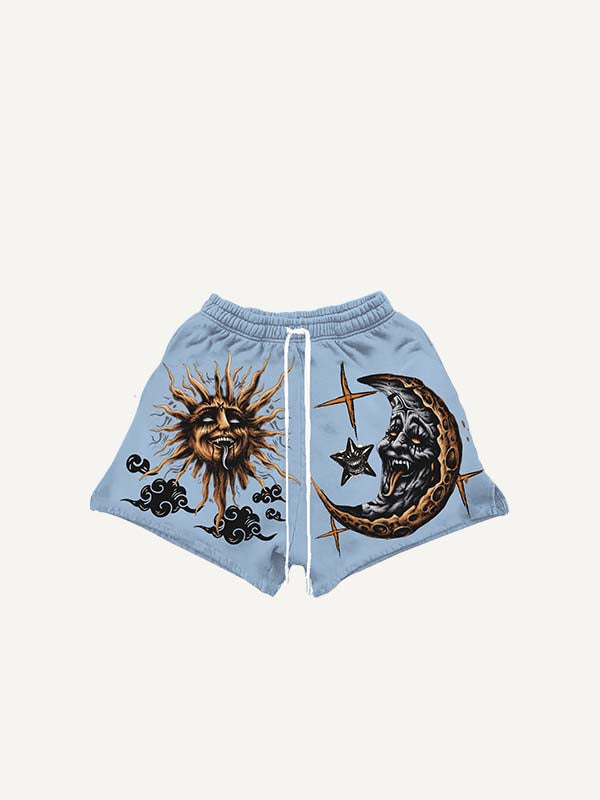 Evil Moon&Sun&Cloud&Star Print Drawstring Waist Shorts