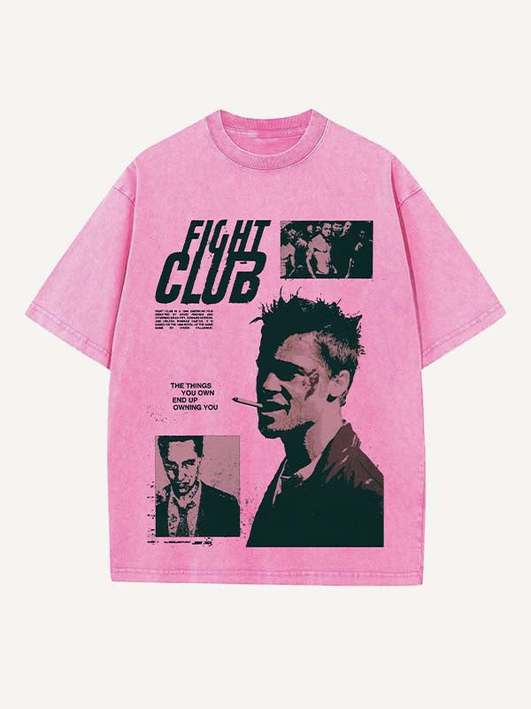 Distressed Washed Figure&Smoke&Letter Print Round Neck T-shirt