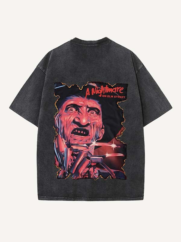 Distressed Washed Horror Print Round Neck T-shirt