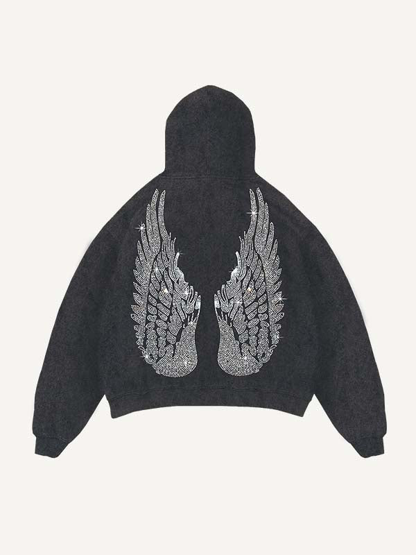 Distressed Washed Wing&Cross Faux Rhinestones Print Slant Pockets Hoodie