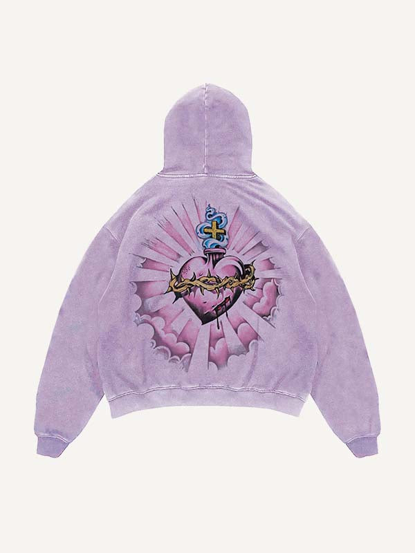 Distressed Washed Pray&Letter&Heart&Palm Print Slant Pockets Hoodie