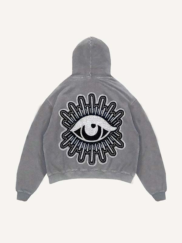 Distressed Washed Moon&Star&Eye Faux Decal Print Slant Pockets Hoodie