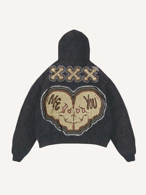 Distressed Washed Die For You Skull Faux Decal Print Slant Pockets Hoodie