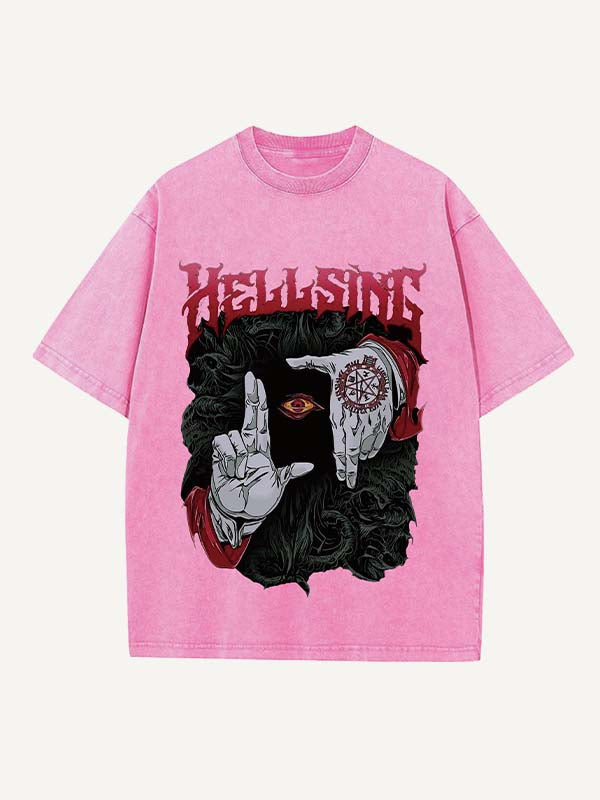 Distressed Washed Eye&Palm&Letter&Graphic Print Round Neck T-shirt