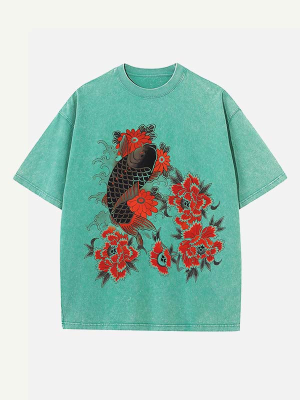 Distressed Washed Fish&Floral Print Round Neck T-shirt