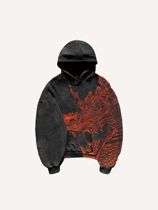 Dragon Print Slant Pockets Hoodie