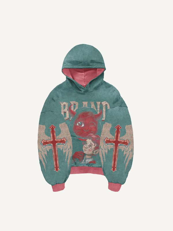 Demon&Figure&Cross&Wing&Letter Print Slant Pockets Hoodie