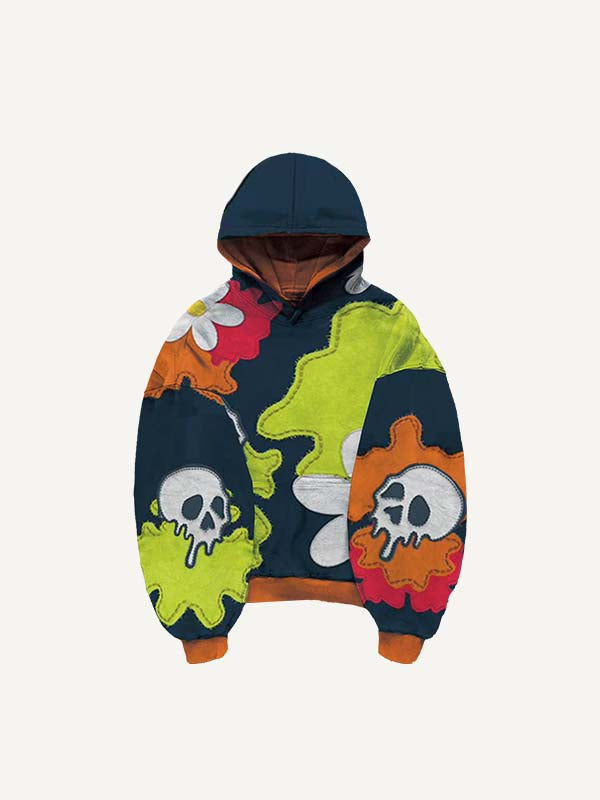 Colorblock Skull&Floral Faux Decal Print Slant Pockets Hoodie