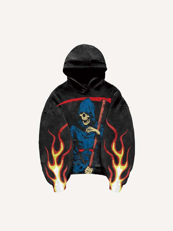 Death Skeleton&Fire Print Slant Pockets Hoodie