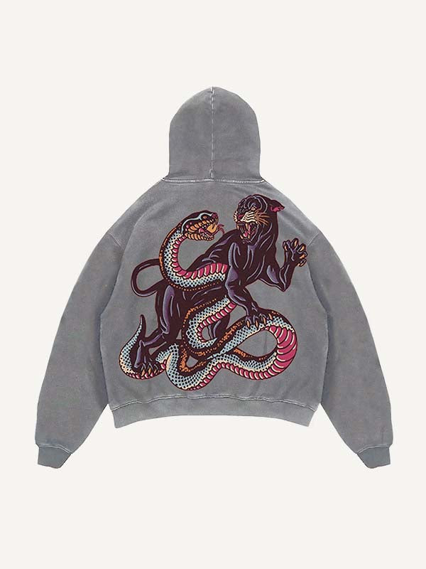 Distressed Washed Tiger&Snake&Panther Print Slant Pockets Hoodie