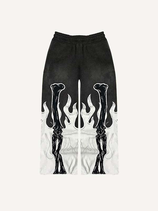Colorblock Skeleton&Fire Faux Decal Print Elastic Waist Pants