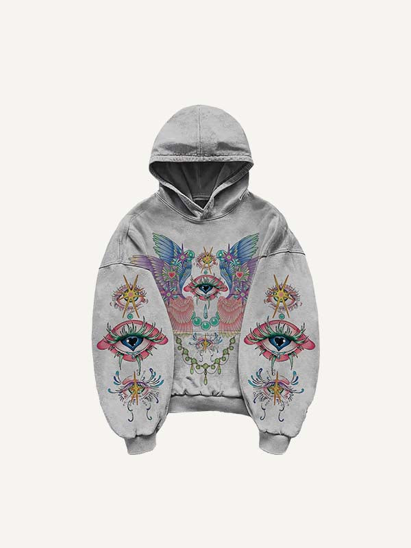 Eye&Wing Print Slant Pockets Hoodie