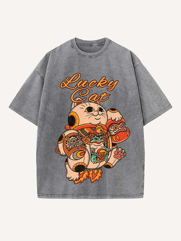 Distressed Washed Cat&Dragon&Animal&Graphic Print Round Neck T-shirt