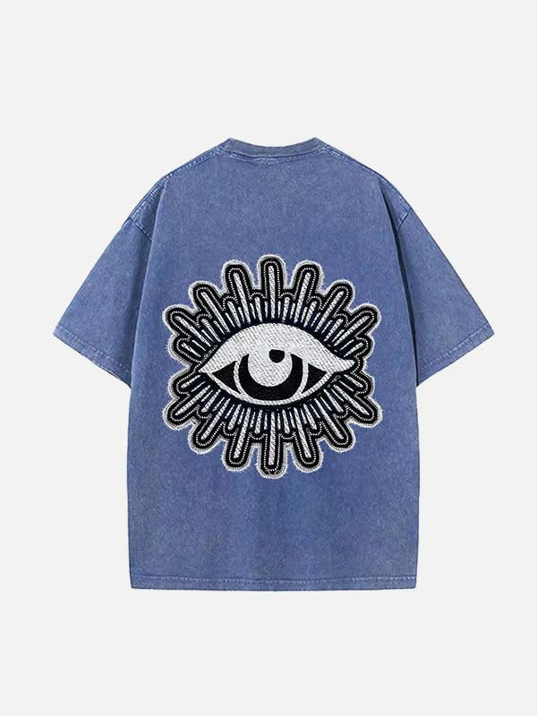 Distressed Washed Moon&Star&Eye Faux Decal Print Round Neck T-shirt