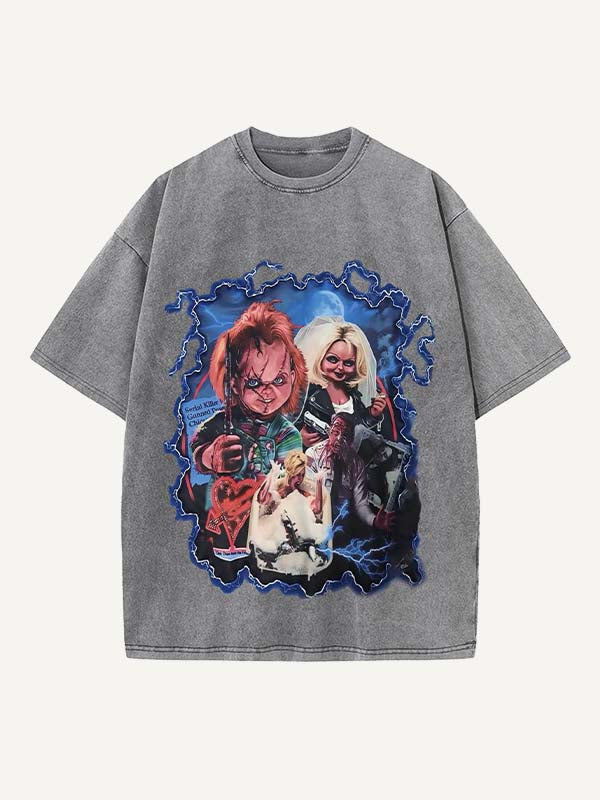 Distressed Washed Horror Print Round Neck T-shirt