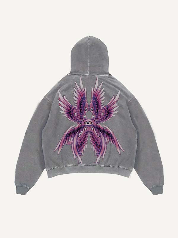 Distressed Washed Eye&Wing Print Slant Pockets Hoodie