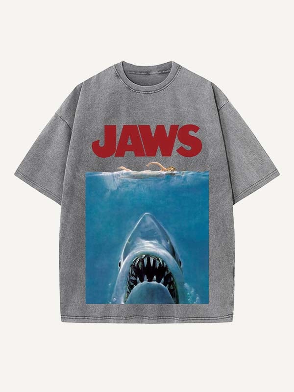 Distressed Washed Figure&Shark&Letter Print Round Neck T-shirt