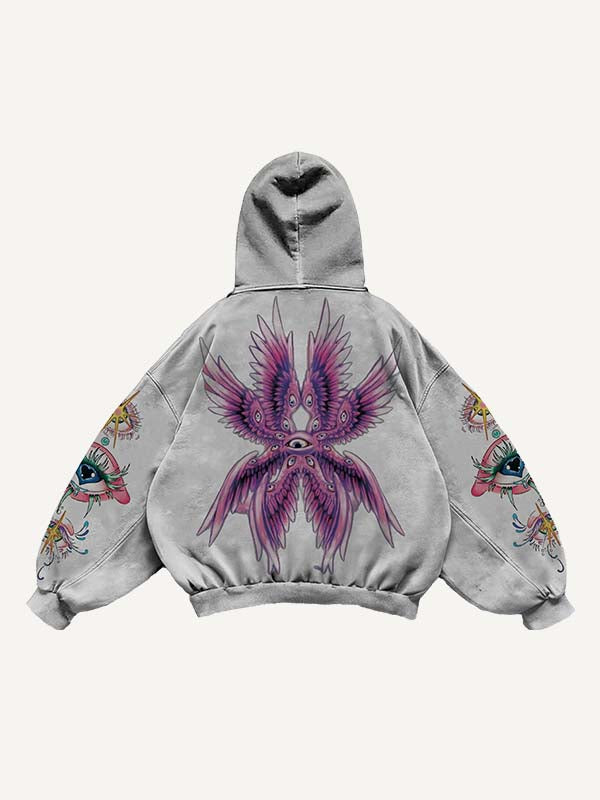 Eye&Wing Print Slant Pockets Hoodie