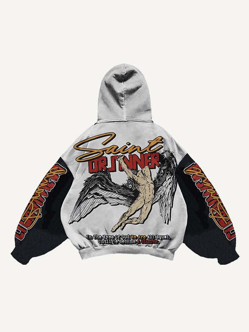 Colorblock Figure&Wing&Letter Print Slant Pockets Hoodie