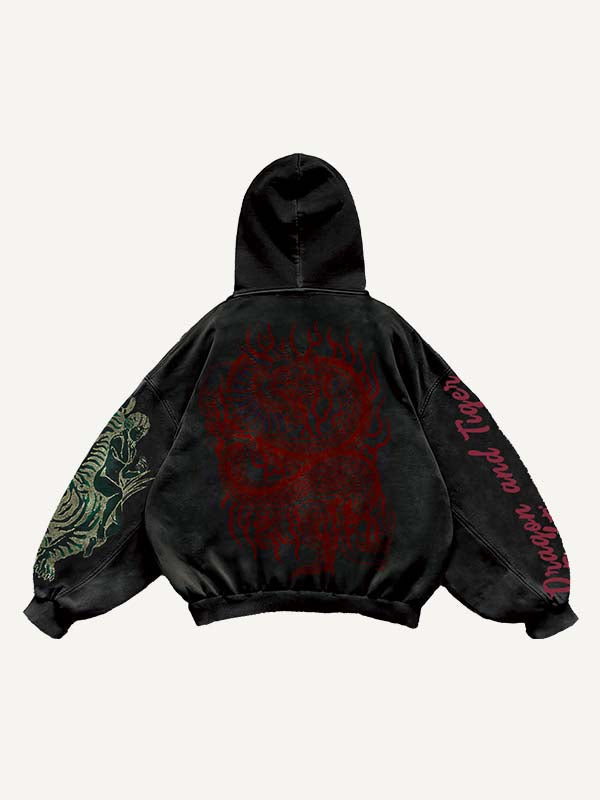 Dragon&Tiger&Skull&Letter Print Slant Pockets Hoodie