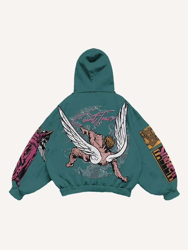 Figure&Wing&Letter Print Slant Pockets Hoodie