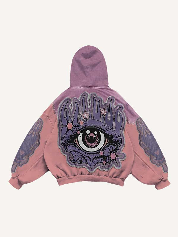 Colorblock Eye Faux Decal Print Slant Pockets Hoodie