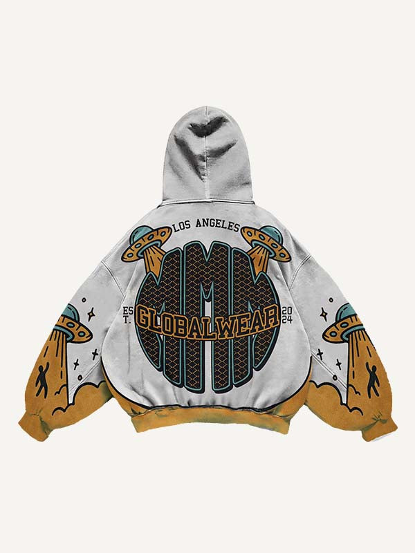 Colorblock UFO&Letter Graphic Print Slant Pockets Hoodie