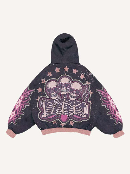 Colorblock Heart&Star Skeleton Team Graphic Faux Decal Print Slant Pockets Hoodie