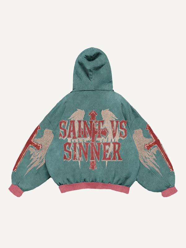 Demon&Figure&Cross&Wing&Letter Print Slant Pockets Hoodie
