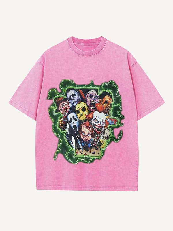 Distressed Washed Horror Print Round Neck T-shirt
