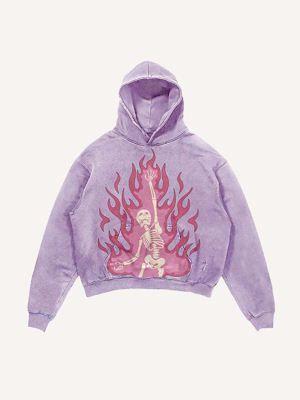 Distressed Washed Pink Fire Skeleton Print Slant Pockets Hoodie