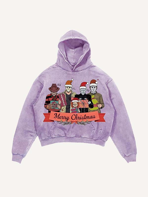 Distressed Washed Christmas Horror Print Slant Pockets Hoodie