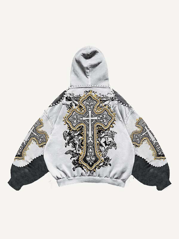 Colorblock Palm&Cross&Letter&Angel&Money Faux Decal Print Slant Pockets Hoodie