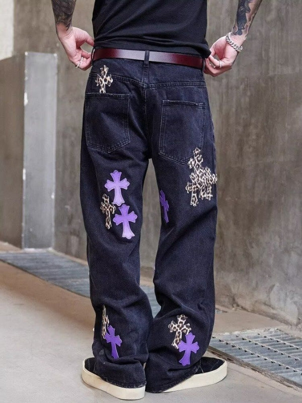 Cross Leather Patchwork Straight Jeans