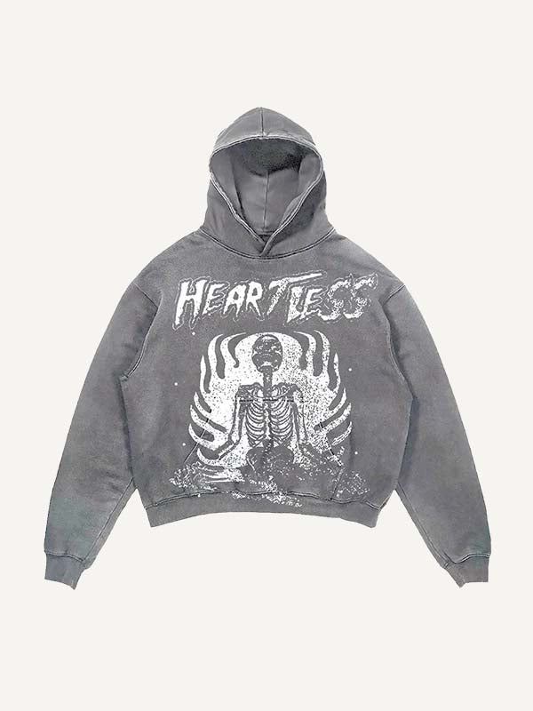 Distressed Washed Heartless Skeleton&Letter Print Slant Pockets Hoodie