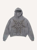 Distressed Washed Wing&Eye&Graphic Print Slant Pockets Hoodie