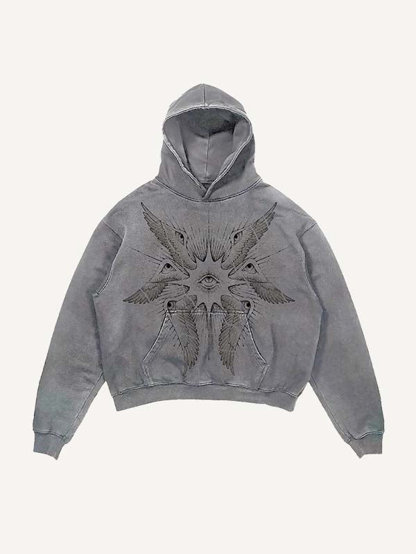 Distressed Washed Wing&Eye&Graphic Print Slant Pockets Hoodie