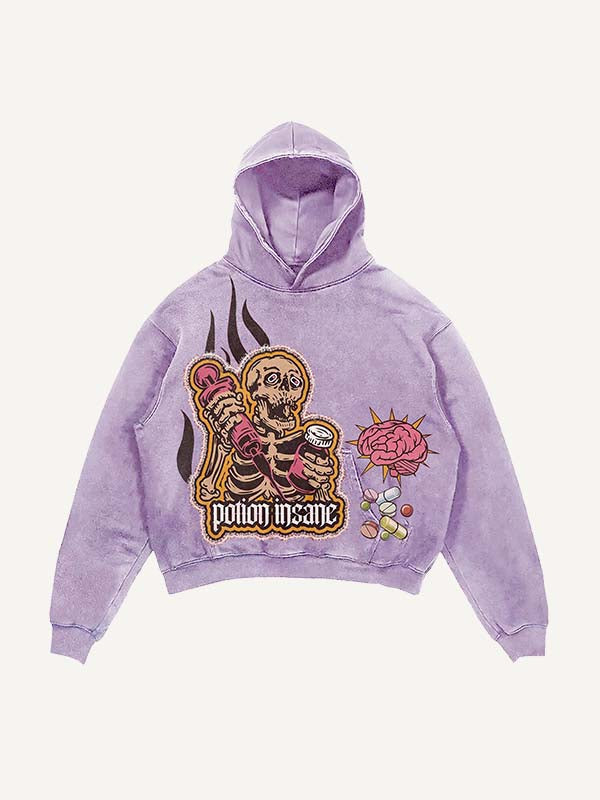 Distressed Washed Skeleton Injection Medicine&Letter Faux Decal Print Slant Pockets Hoodie