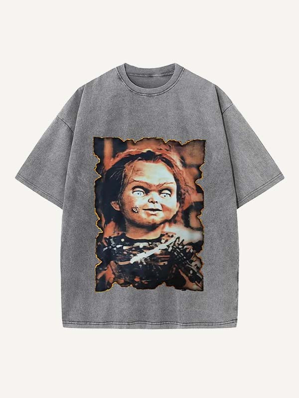Distressed Washed Horror Print Round Neck T-shirt