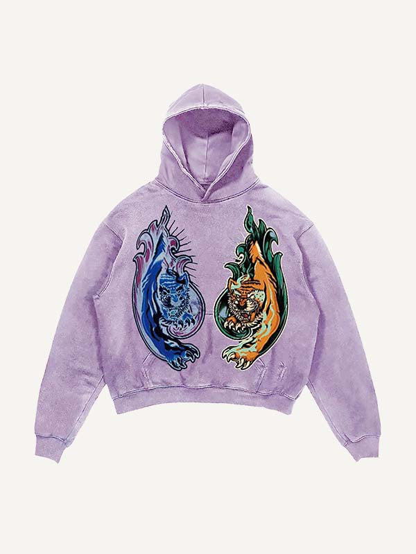 Distressed Washed Tiger&Snake&Panther Print Slant Pockets Hoodie
