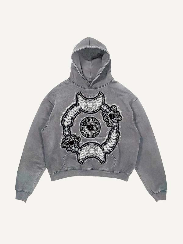 Distressed Washed Sun&Moon&Star&Eye Graphic Faux Decal Print Slant Pockets Hoodie