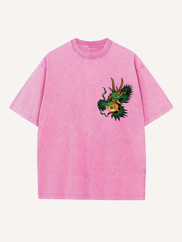 Distressed Washed Dragon&House&Graphic Print Round Neck T-shirt