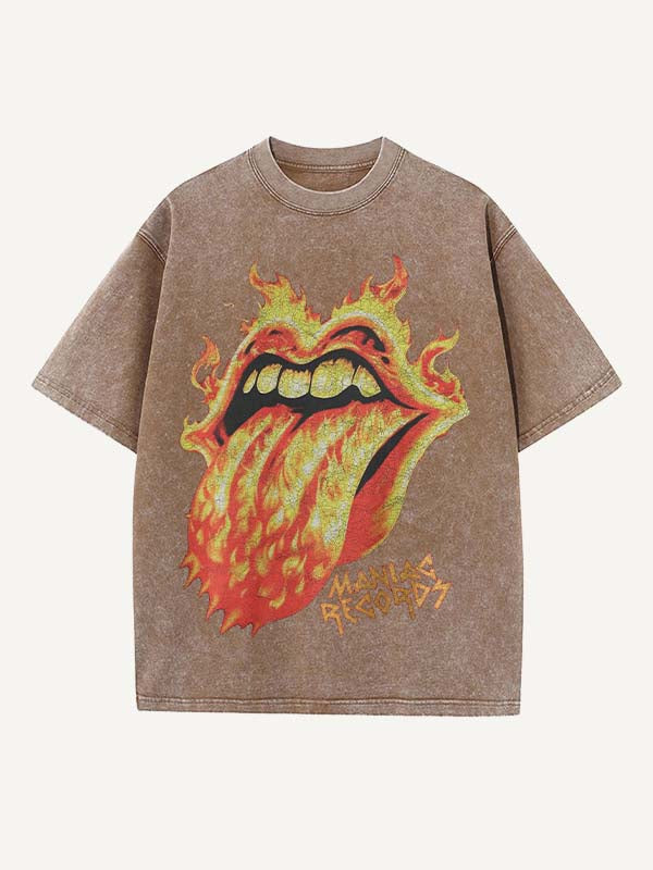 Distressed Washed Fire Tongue Print Round Neck T-shirt