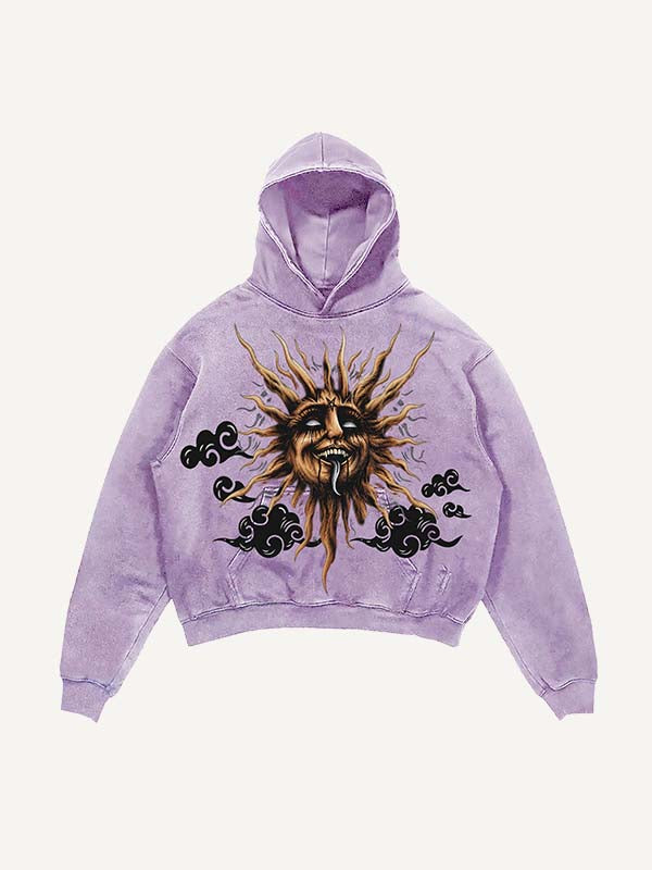 Distressed Washed Evil Moon&Sun&Cloud&Star Print Slant Pockets Hoodie