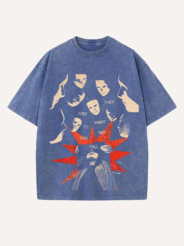 Distressed Washed Figure&Letter Print Round Neck T-shirt