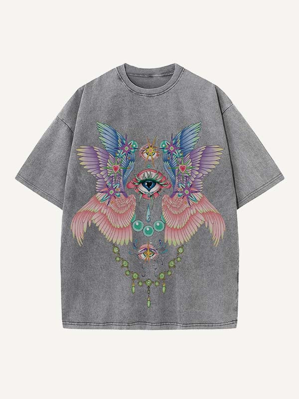 Distressed Washed Eye&Wing Print Round Neck T-shirt