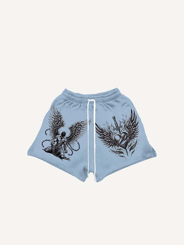 Figure&Wing&Heart&Sword Print Drawstring Waist Shorts