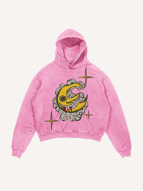 Distressed Washed Evil Moon&Sun&Star&Cloud Print Slant Pockets Hoodie