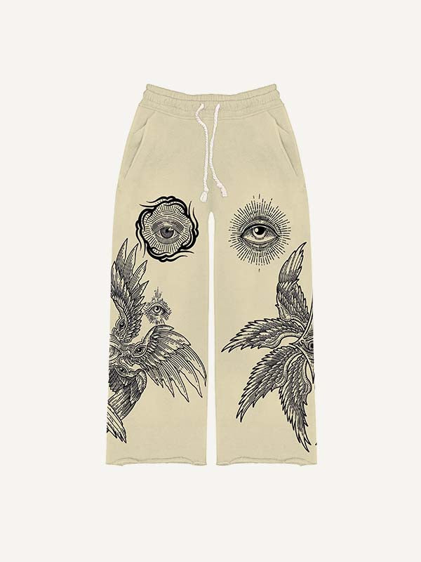 Eye&Wing&Sun Print Elastic Waist Pants